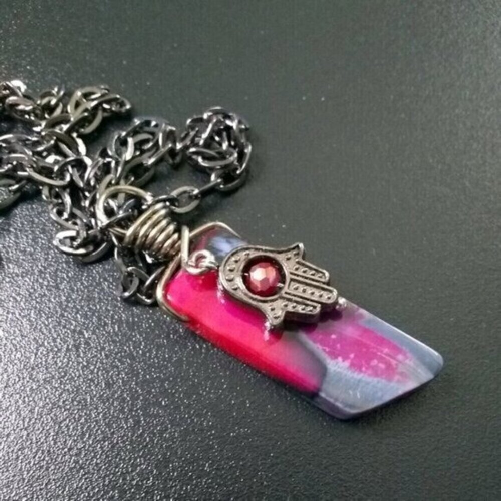 Hamsa Hand: Blessings + Protection! Unique Black Gray & Rich Pink Agate Necklace